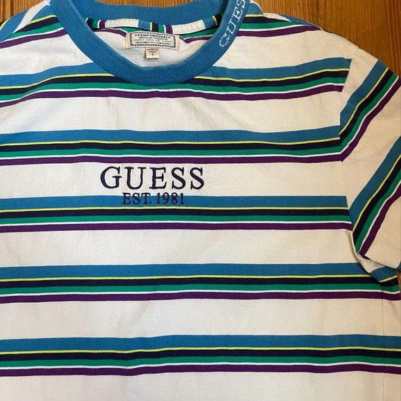 SOLD Guess vintage 90s embroidered logo striped tee SIZE S - Picture 4 of 6